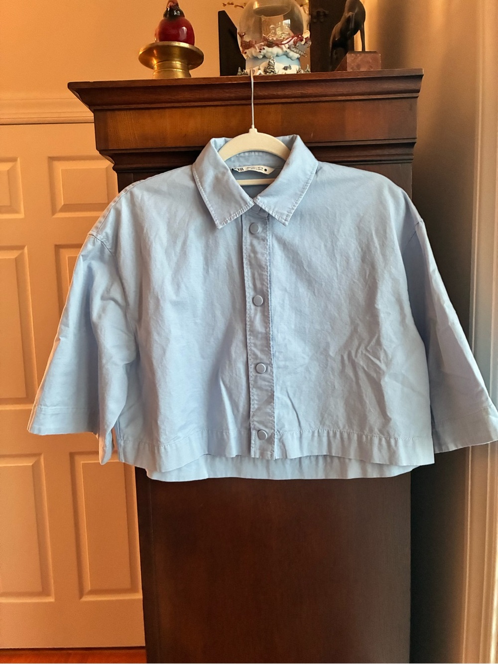 Zara Cropped Snap-Front Overshirt Jacket Powder Blue Size L - Picture 2 of 6